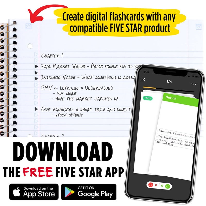 Five Star Spiral Notebooks with Pockets + Study App, 3 Pack, 1-Subject, College Ruled Paper, 11â€ x 8-1/2", 100 Sheets, Forest Green, Amethyst Purple and Pacific Blue (38456) - Image 3